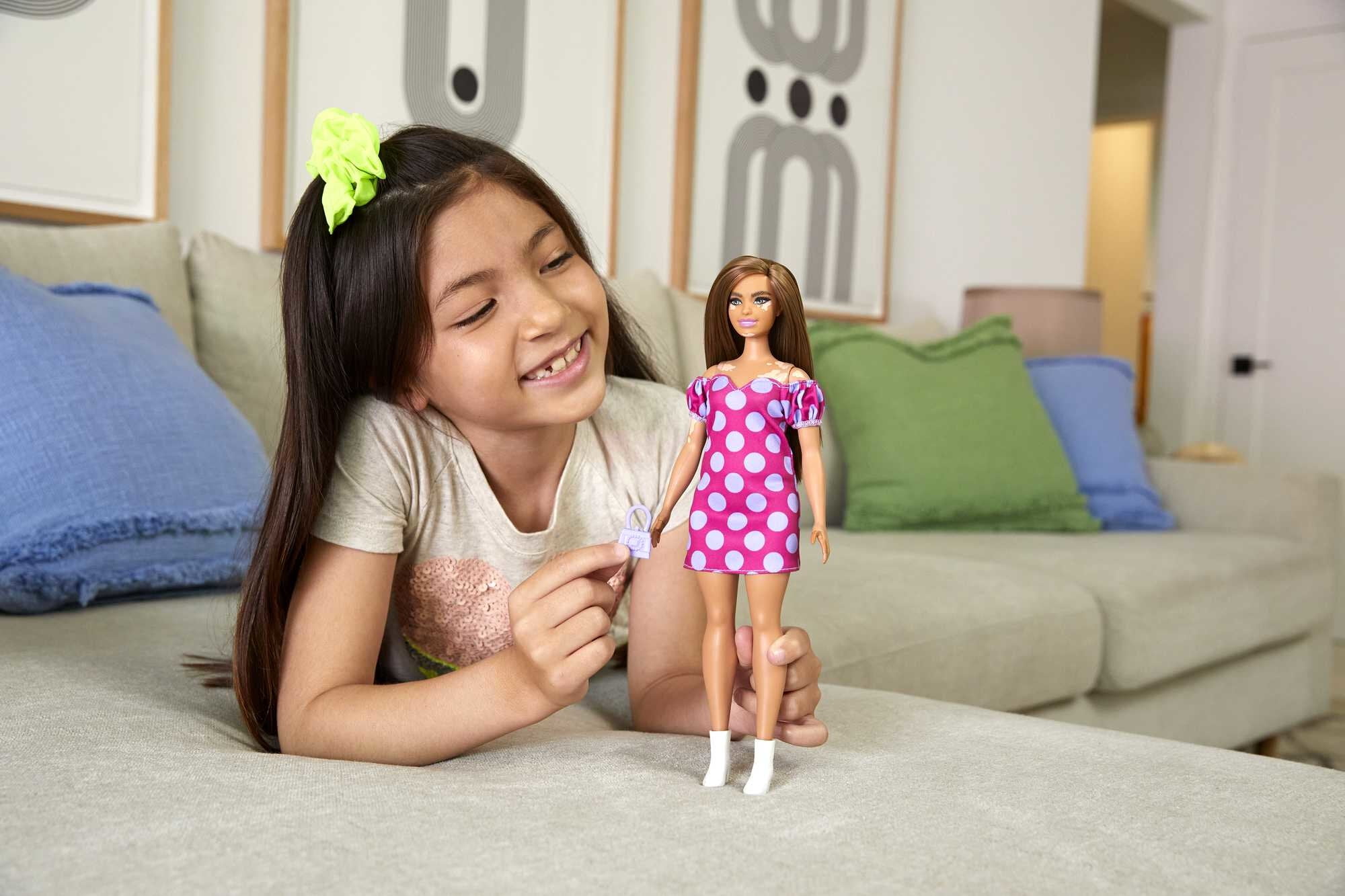 Barbie Fashionistas Doll #171, Curvy with Vitiligo & Long Brunette Hair in Polka Dot Dress