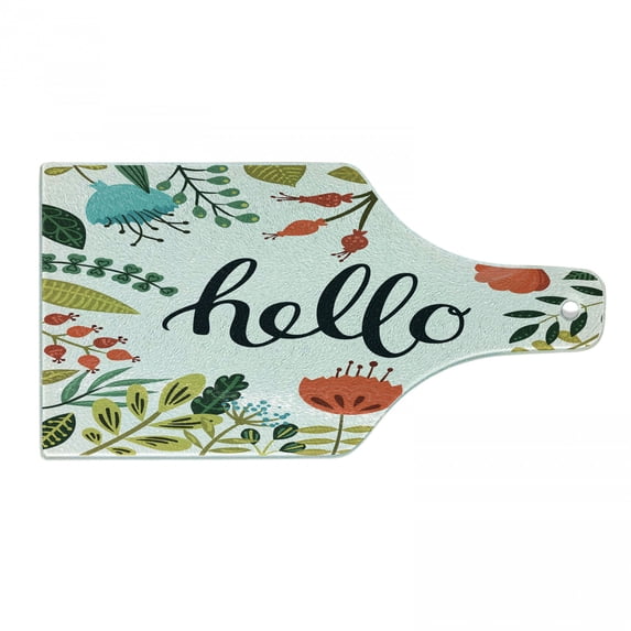 Hello Cutting Board, Brush Lettering Designed Calligraphy Print of Hello on Colorful Floral Background, Tempered Glass Cutting and Serving Board, Wine Bottle Shape, Multicolor, by Ambesonne