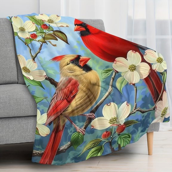 Warm Christmas Gift Two Cardinal Birds And Flowers Print Flannel Blanket Soft Warm Cozy Blanket For Sofa Bed Car Camping Office Home Decor Gift Blanket For All Seasons