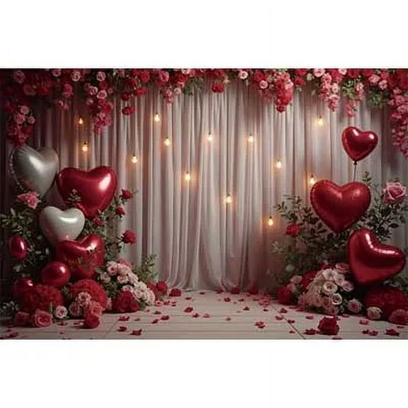February 14 Valtine's Day Photography Backdrop Draping Fabric Red Rose Arch Curtain Teddy Bear Photo Studio Background