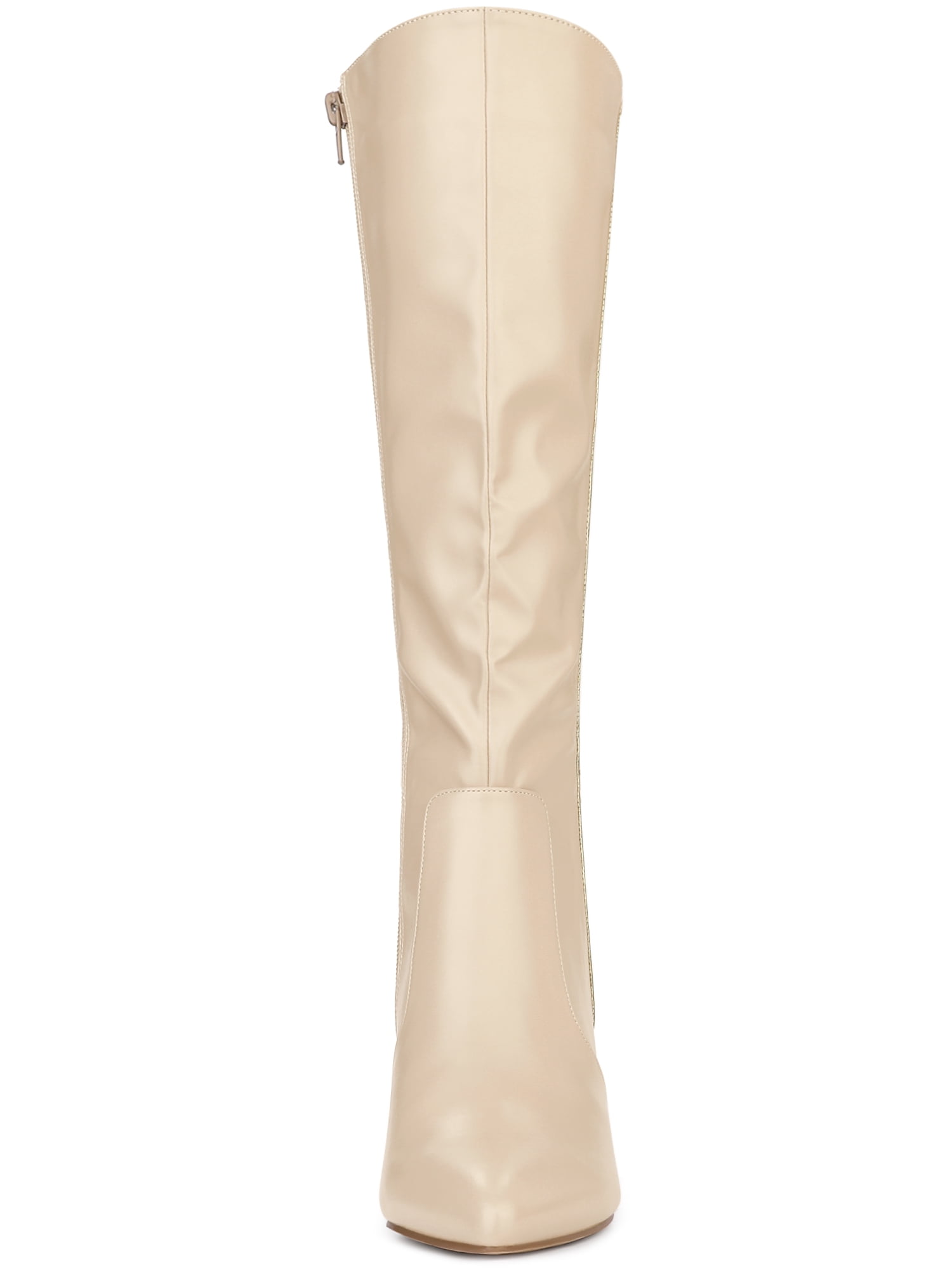 DARING DIVA Women's Pointy Toe Buckle Stiletto Heel Black Knee High Boots Beige 9