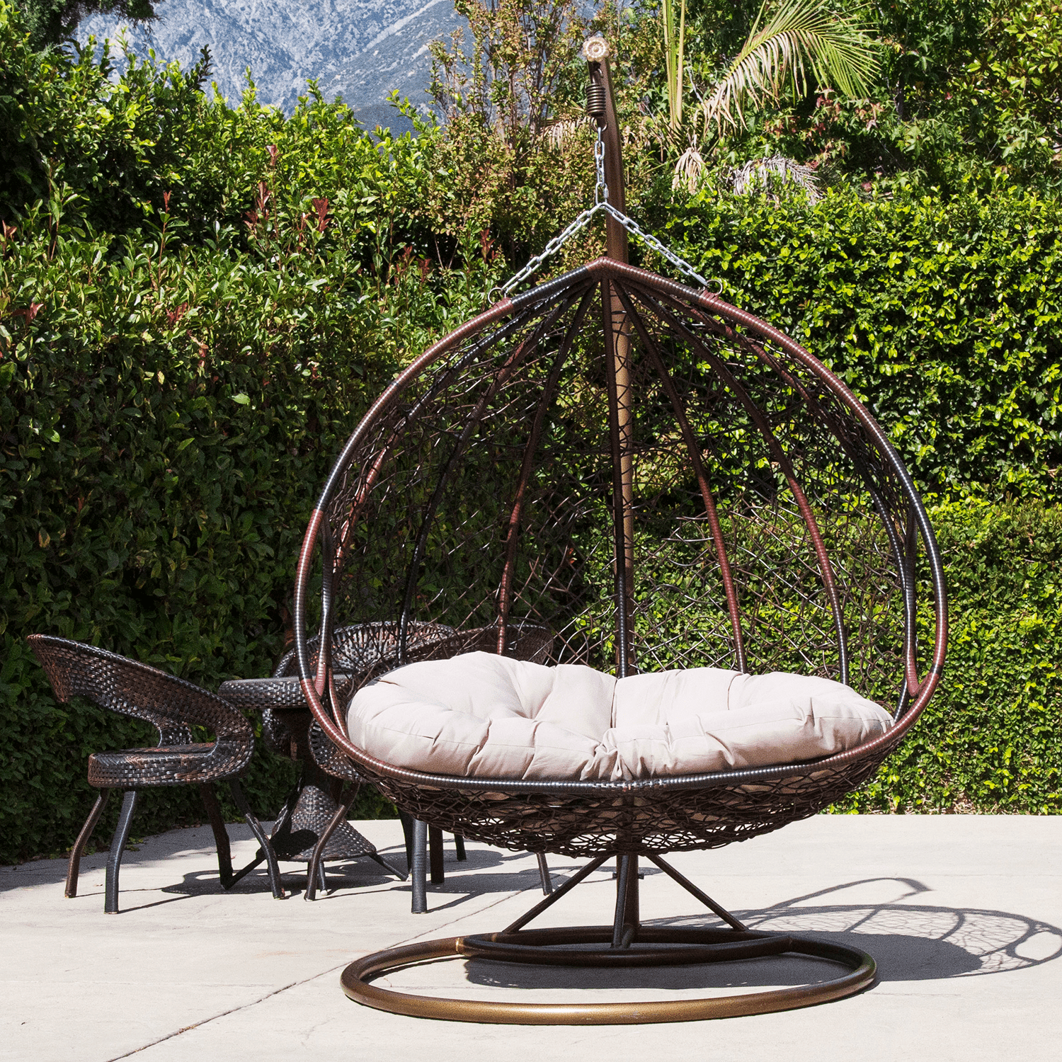 Outdoor Wicker Swing Chair Double Seats with Rack Handle Red