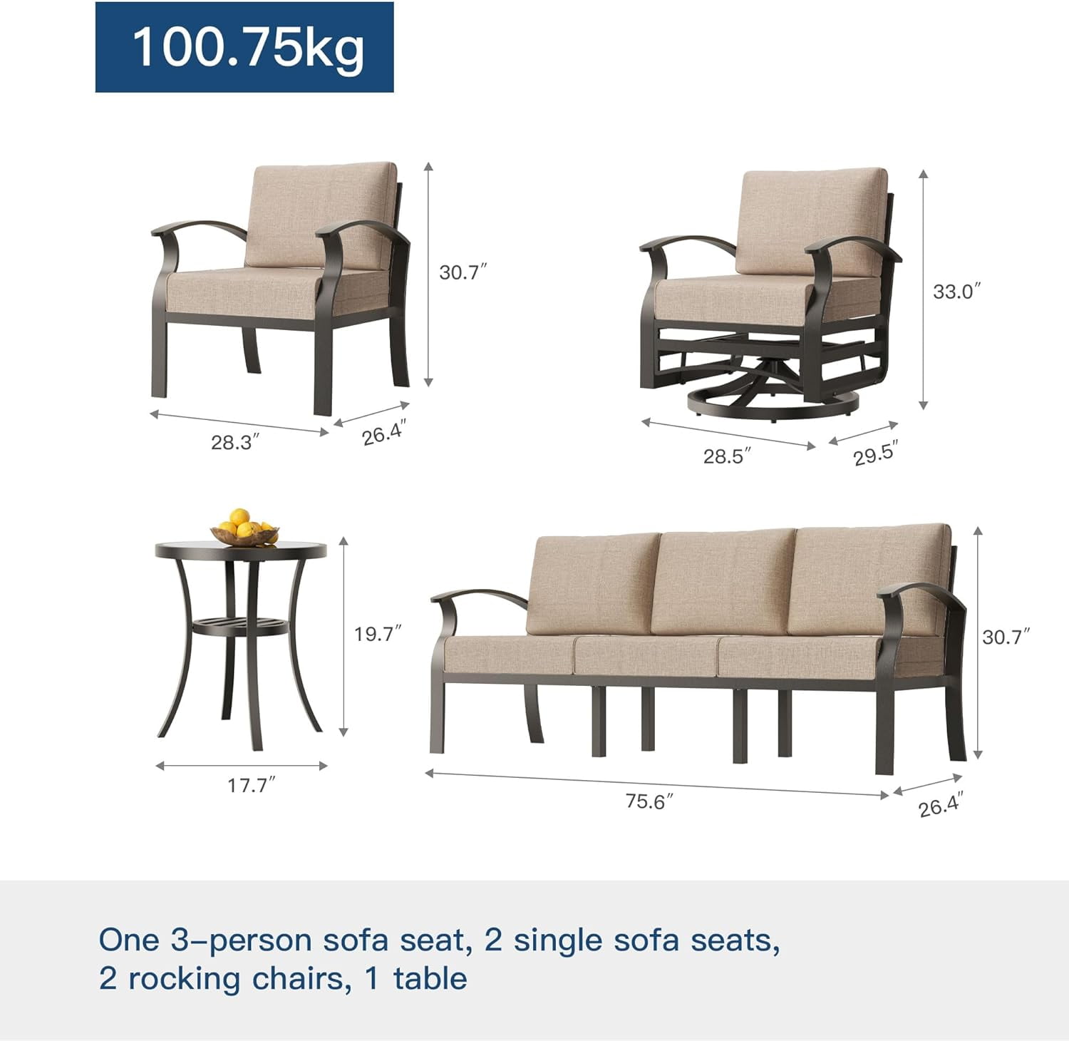 Gotland 7-Piece Aluminum Patio Furniture with Coffee Table, Sand