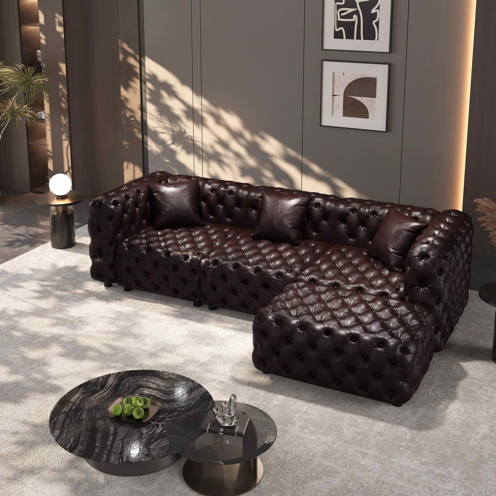 MAYEERTY 105.7" 3‑Seat Faux‑Leather Modular Sofa Set, Handcrafted Button Tufted Couch with Ottoman & 3 Pillows for Living Room & Small Apartment