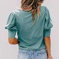 thumbnail image 5 of Camisa de manga de burbuja corta para mujer Cuello redondo Cierre de botón de color puro Puño suelta Camisa de manga de soplo plisada Top para verano Lago Verde XXL, 5 of 5