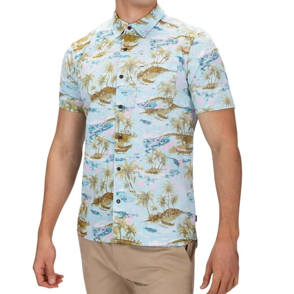 Hurley Men's Shirt Pink Large Tropical Outrigger Smiley Button-Down Blue Size Large