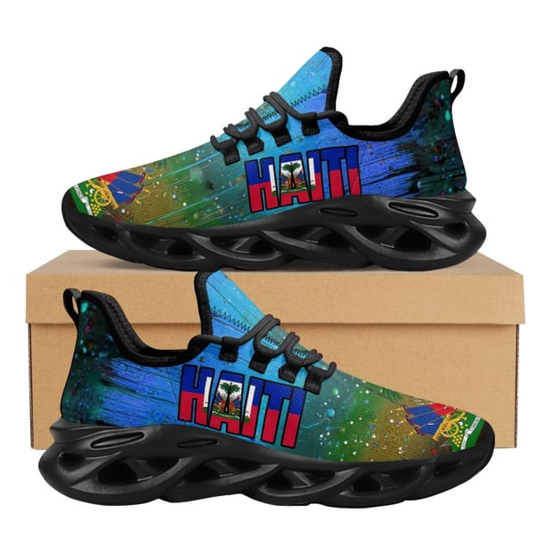 Zapatos para caminar con amortiguación y resistentes al desgaste para mujer, zapatillas de deporte de malla con diseño de la bandera de Haití, plataforma antideslizante, tenis deportivos para hombre