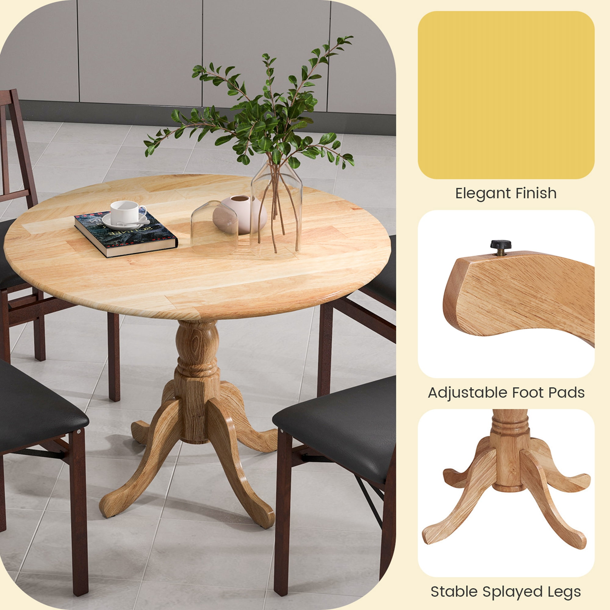 Wooden Dining Table With Round Tabletop And Curved Trestle Legs
