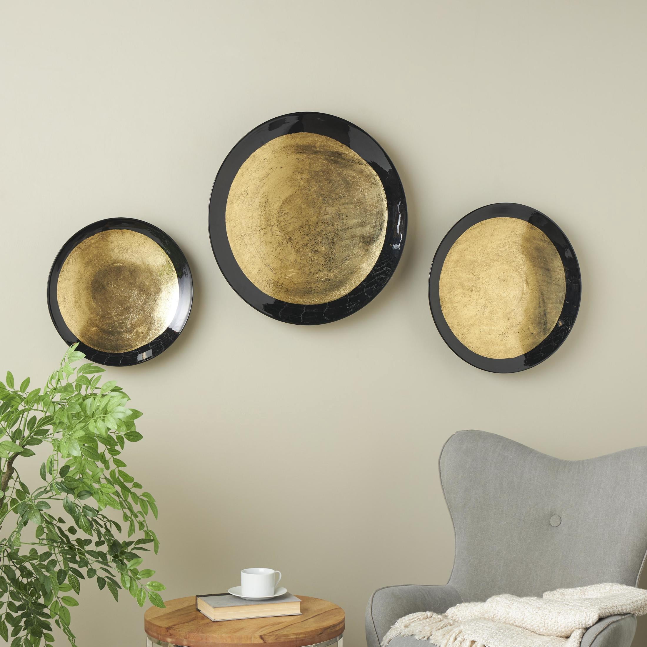DecMode Gold Metal 3D Circular Disk Abstract Wall Decor with Black Rims (3 Count)