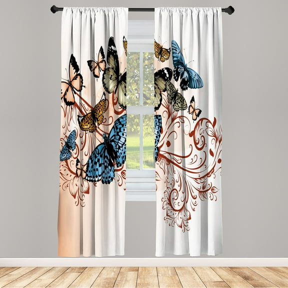 Ambesonne Butterfly Curtains, Vintage Monarch Damask, Pair of 28"x95", Pale Rust