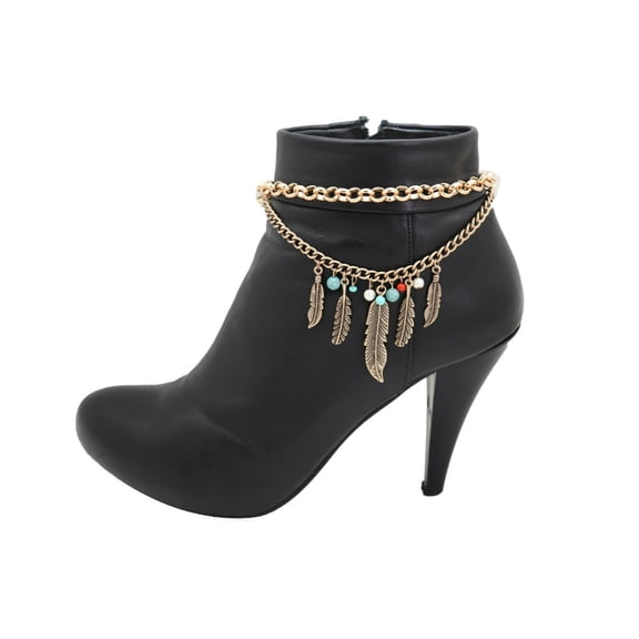 Women Rusty Gold Color Boot Chain Bracelet Western Shoe Charms Ethnic Feathers