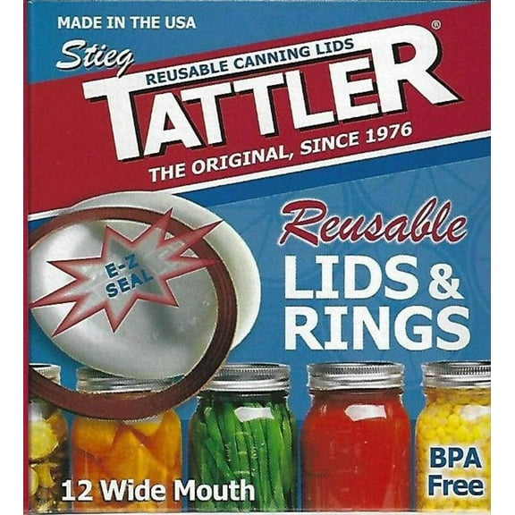 Authentic Tattler E-Z Seal Reusable Canning Lids - WIDE Mouth - 1 Dozen (12) Plastic Lid/Rubber Ring - MADE IN THE USA!