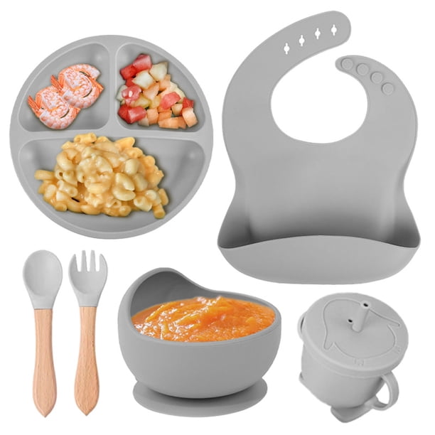 Plato de silicona complementario para niños, cuenco complementario para bebés, plato sonriente, juego de vajilla de seis piezas