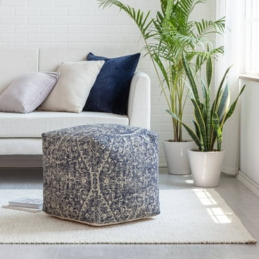 Jani  Hanalei 20" Blue & Ivory Square Pouf Ottoman
