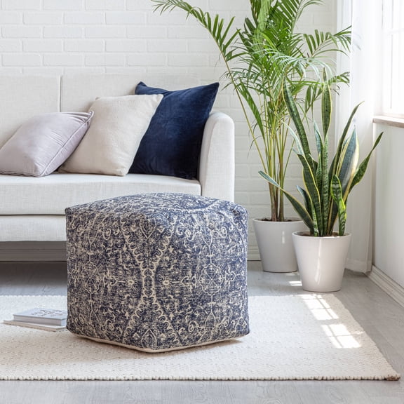 Jani Hanalei 20" Blue & Ivory Square Pouf Ottoman