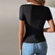 thumbnail image 4 of Blusa de punto sencilla y elegante de color liso con detalle cruzado, corte ajustado para fiestas, color negro, talla L Blusa de manga corta con cuello en V para mujer, 4 of 6