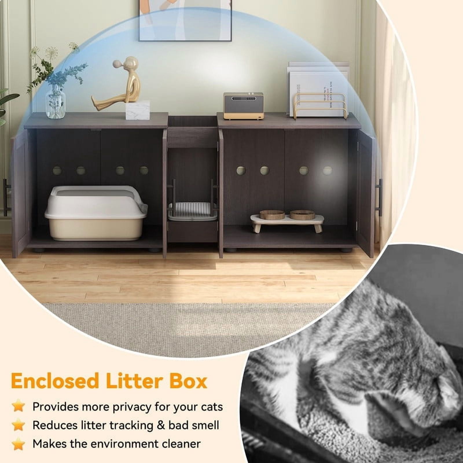 TROPOW Double Litter Box Enclosure,55" Furniture for 2 Cats, TV Stand,Waterproof Easy-Clean Surface,Cabinet Buckles & Storage Grooves,Suitable for living room, furniture decoration