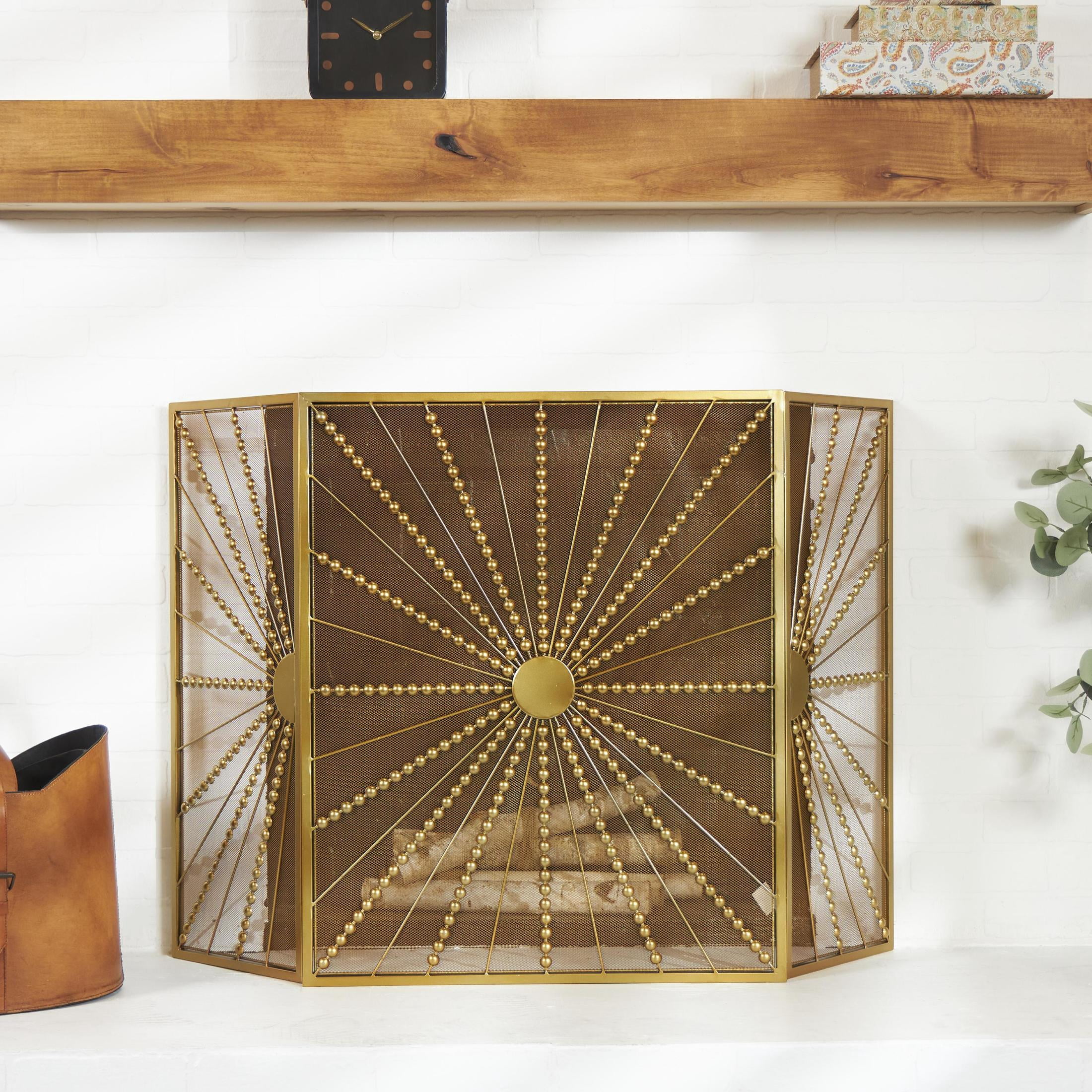 DecMode 48" x 30" Gold Metal 3 Panel Starburst Fireplace Screen with Beaded Rays, 1-Piece