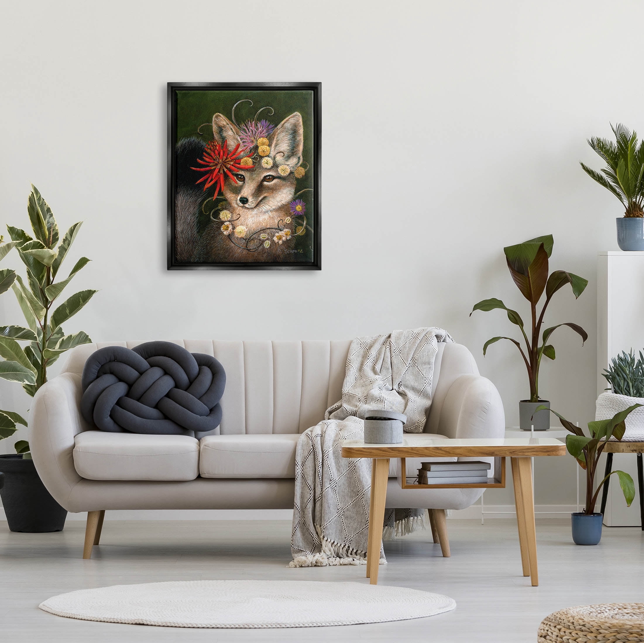 Stupell Industries Botanical Fox Flowers Painting Jet Black Floating Framed Canvas Print Wall Art, Design by Carolyn Schmitz