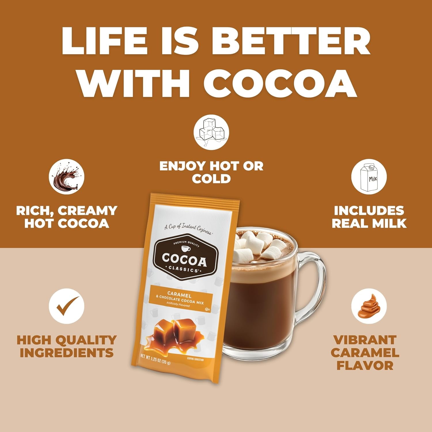 (3 pack) Cocoa Classics Caramel Cocoa Mix Hot Chocolate Made with Nonfat Milk Just Add Hot Water Make Hot or Iced Cocoa Gluten Free & Kosher Dairy Friendly 1, 1.25oz Packet