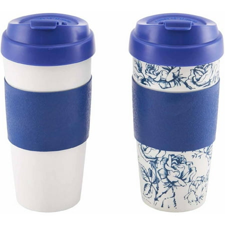 Design for Living 16 oz Mug, Blue and Sketch Flower Pattern, Set of 2