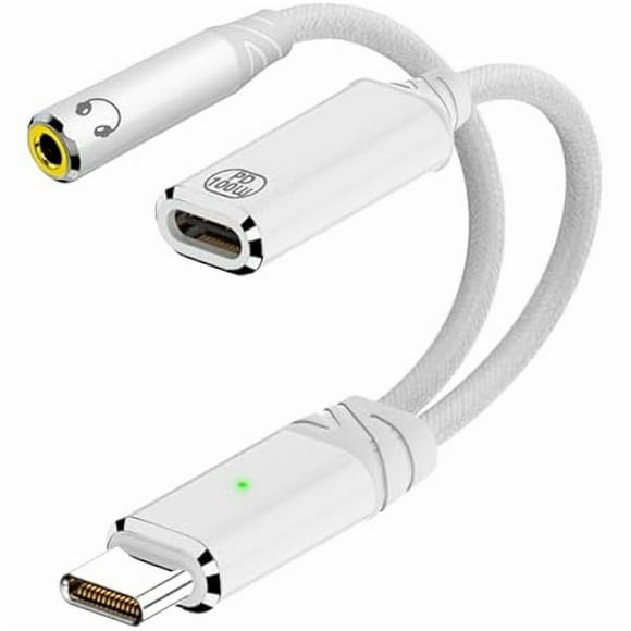 USB C to 3.5mm Headphone and Charger Adapter, 2-in-1 USB Type-C to Aux Audio Jack with 100W Fast Charging Dongle Cable Cord for iPhone 16/15 Series, iPad, MacBook and More (White)