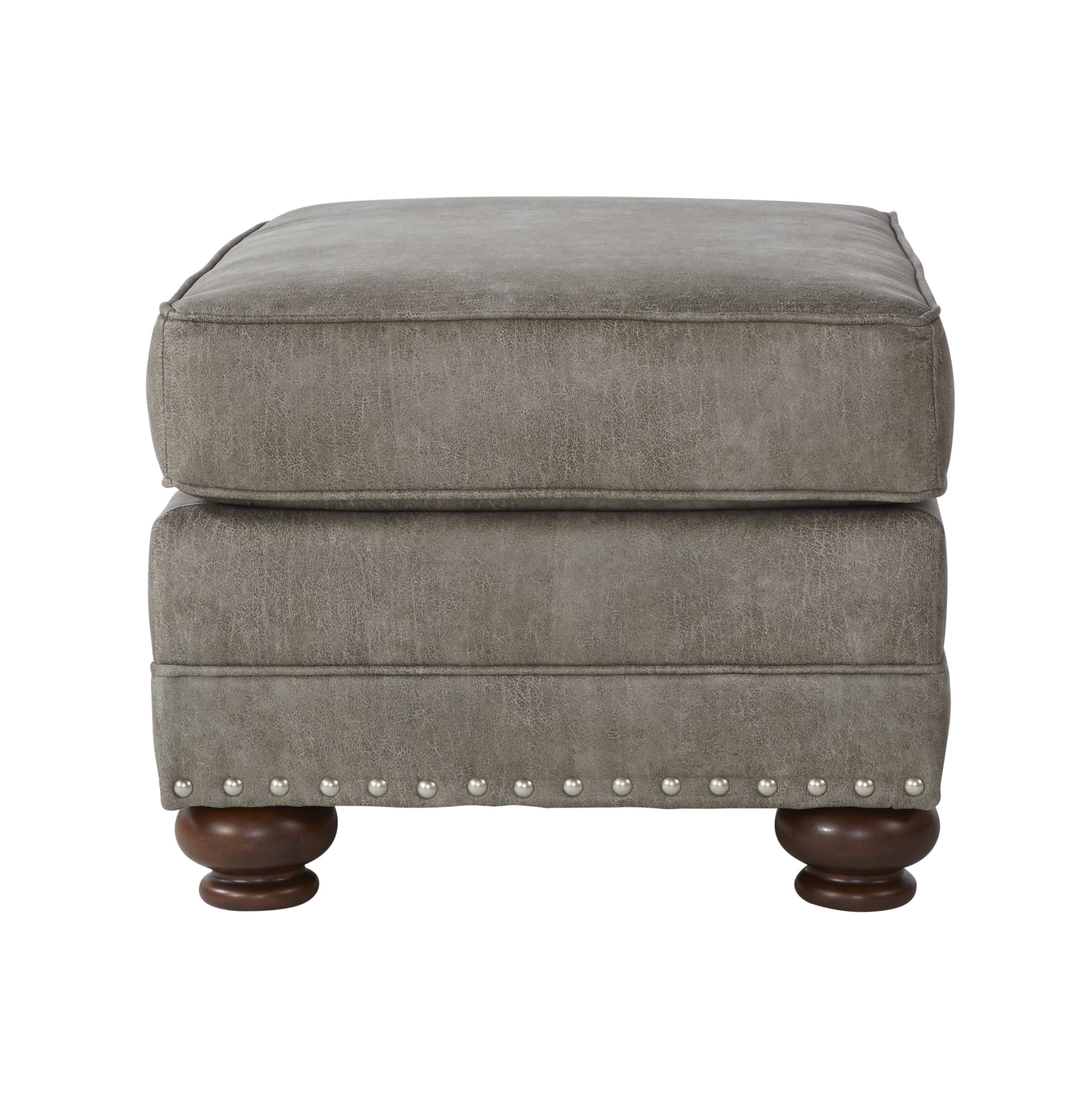 Roundhill Leinster Faux Leather Upholstered Nailhead Ottoman in Stone Gray