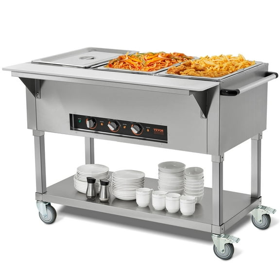 VEVOR 3-Pan Commercial Food Warmer, 3 x 20.6QT Electric Steam Table, 1500W Professional Buffet Catering Food Warmer with 4 Wheels (2 Lockable), Food Grade Stainless Steel Server