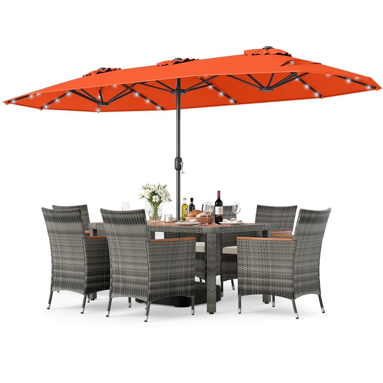 Resenkos 8 Piece Outdoor Wicker Dining Furniture Set, 13.5 FT Double Sided Patio Umbrella with Solar LED Lights for Patio Dining, Orange
