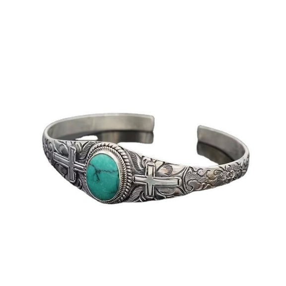 Womens Religious Jewelry Accessory Vintage Carved Cross Bracelet with Turquoise Inlay Fashion Metal Bracelet for Women