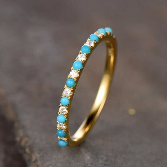 Turquoise Wedding Band Half Eternity Stackable Ring Dainty 925 Sterling Silver Yellow Gold Plated Gemstone Jewelry For Women Gift