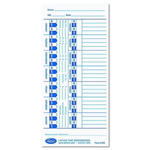 Time Card Lathem Time Universal E100, 100 unidades, color blanco