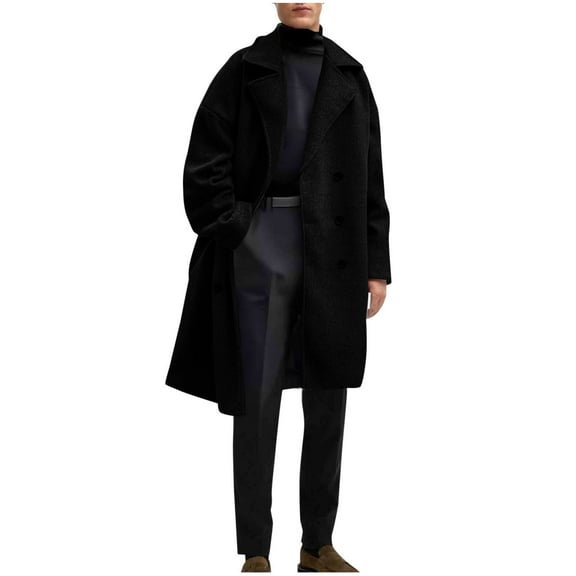 hoksml Mens Pea Coat Mid-Length Wool Overcoat Solid Color Casual Long Sleeve Notch Lapel Button Front Trench Coat with Pockets