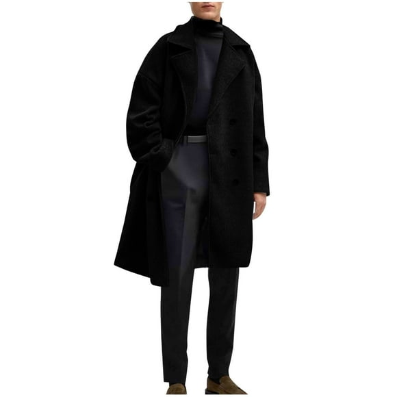 hoksml Mens Pea Coat Mid-Length Wool Overcoat Solid Color Casual Long Sleeve Notch Lapel Button Front Trench Coat with Pockets