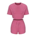 thumbnail image 3 of REORIAFEE Summer Two Piece Outfits for Women Casual Vacation Workout Outfits Fashion Women's Short Sleeve Round Neck Elastic Casual Blouse Shirts Sets Pink L, 3 of 5