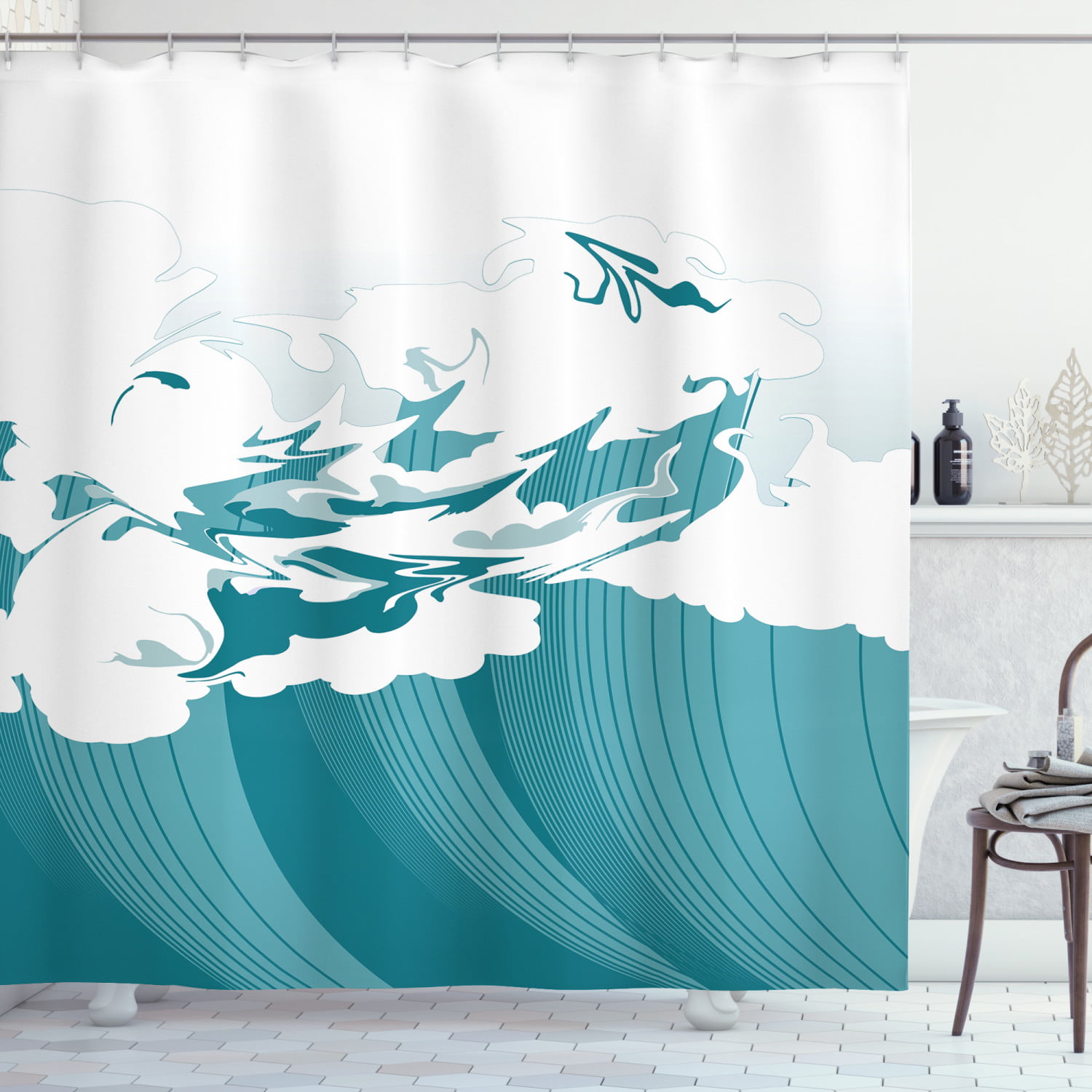 Japanese Wave Shower Curtain, East Oriental Watercolor Style Artistic ...