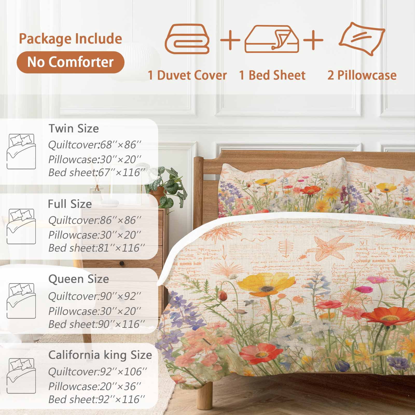 Queen 4 Piece Bedding Set Watercolor Blossom Poppy Flower Soft Breathable Duvet Cover and Pillowcase, Retro Spring Floral Leaves Duvet Cover Set Bed Sheets for Bedroom Dormitory Guest Room