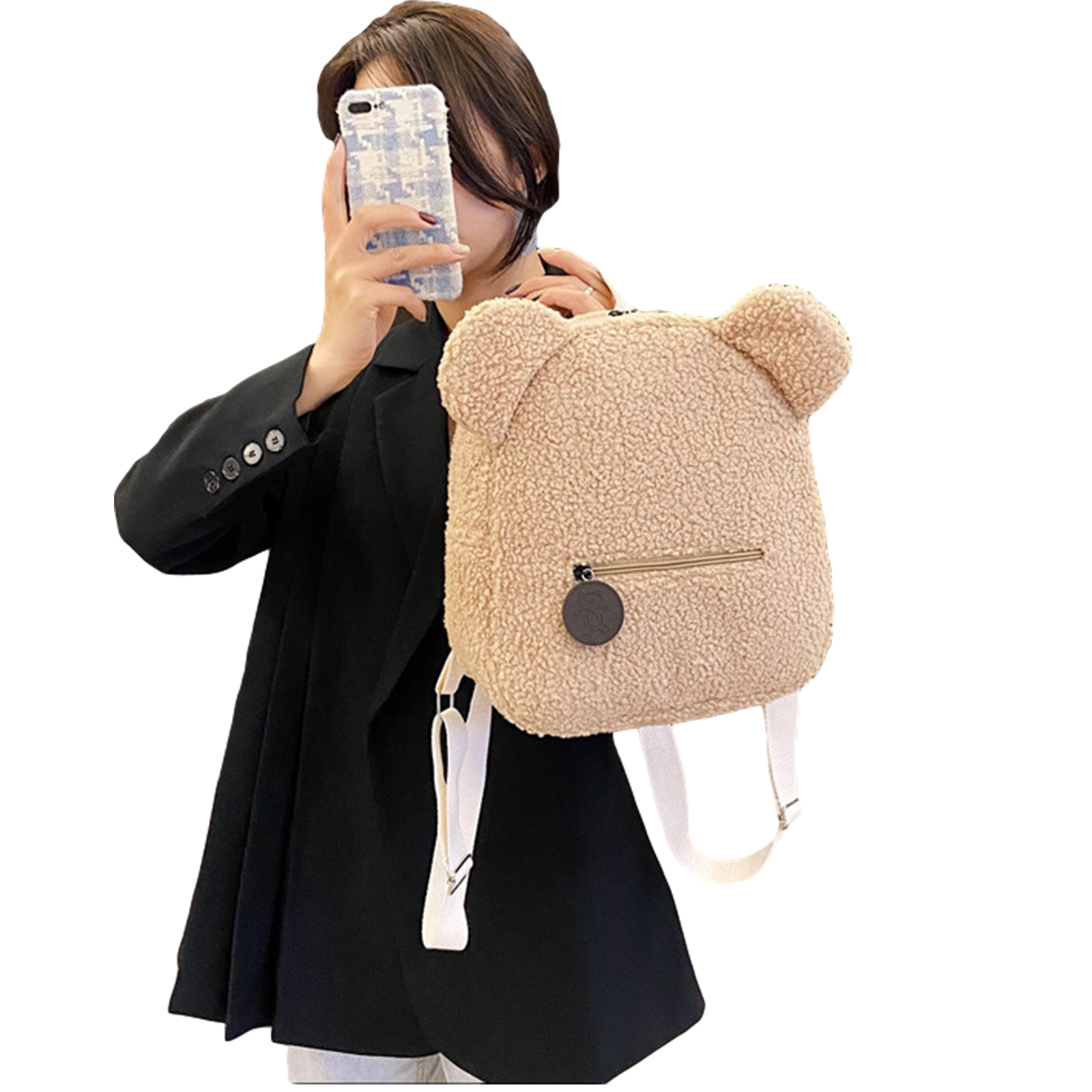 Puloru Women Girls Cute Bear Ear Fleece Solid Color Small Backpack Daypack - image 4 of 5