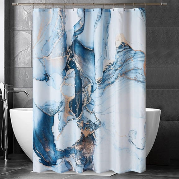 Blue Gold Marble Shower Curtain Set, Abstract Granite Pattern Shower Curtains for Bathroom Décor, Luxury Modern Waterproof Bath Accessories with 12 Metal Hooks, 72 x 72