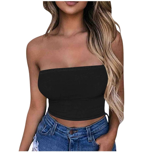 Haut Tube pour Femmes, Haut Sans Manches et Sans Bretelles en Polyester Uni avec Bande Élastique, Tenue d'Été Décontractée, Longueur Régulière, Vert Militaire, L