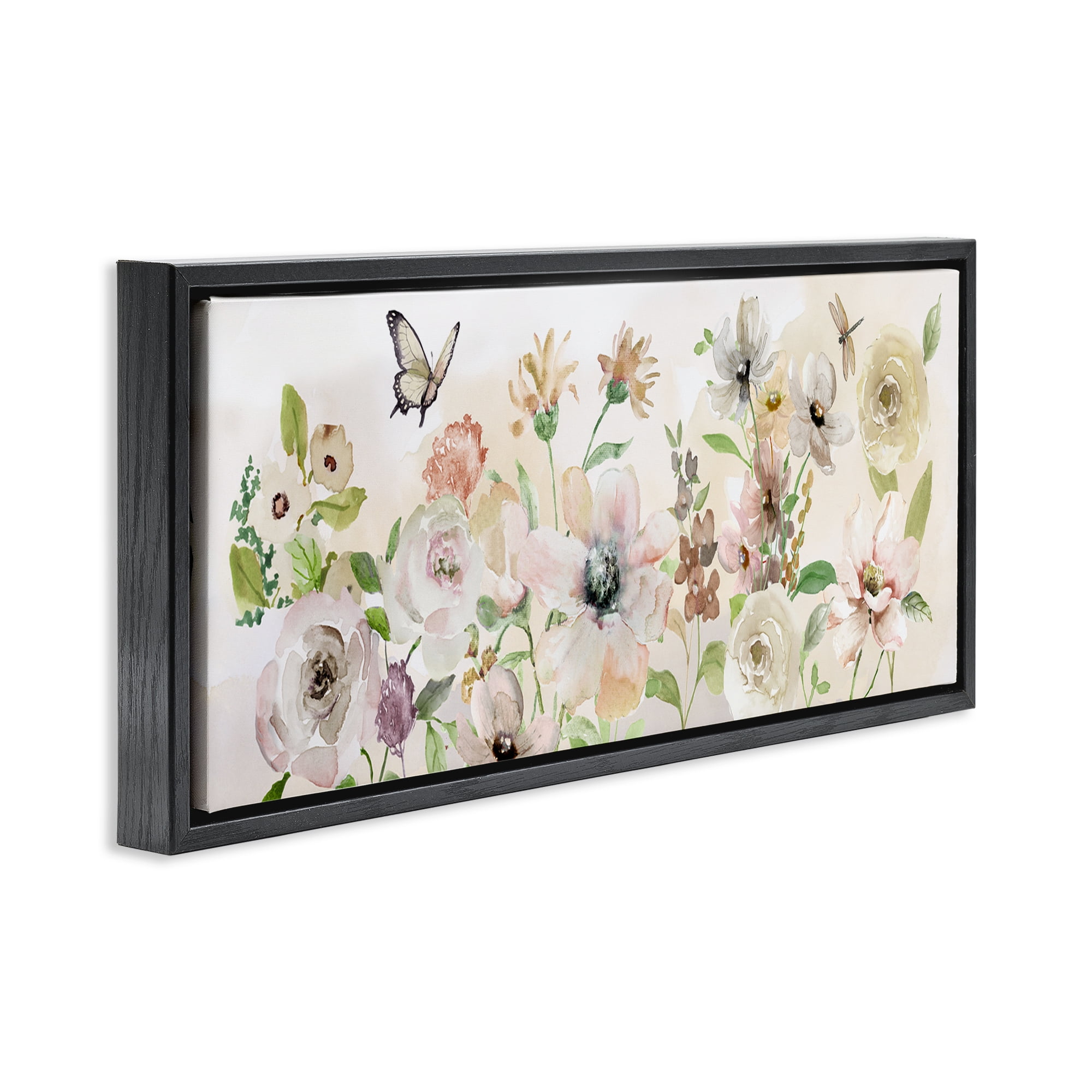 Stupell Industries Fluttering Insects & Florals Plants & Flowers Painting Black Floater Framed Canvas Art Print Wall Art, 31 x 14