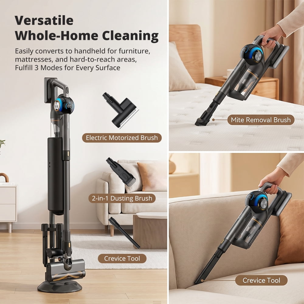 JIGOO Cordless Vacuum Cleaner Station with 2.5L Dust Capacity, 3 Modes, Dual LED, Auto Dust Collection JIGOO V700 Black