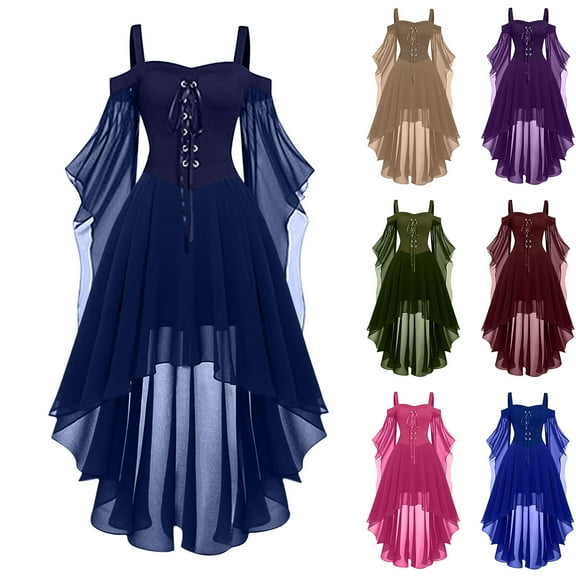 BiZtdJrK Wedding Guest Dress for Women Bell Sleeve Cold Shoulder Renaissance Medieval Dresses Irregular Hem Lace Patchwork Corset Dress Coffee M