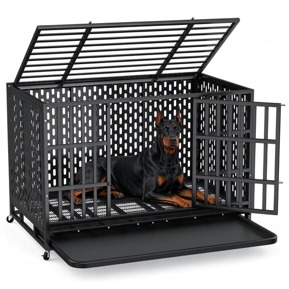TIME RAY 48" Heavy Duty Dog Crate,Large Metal Escape Proof Dog Cage Kennel,Indestructible high Anxiety Dog Crate for Outdoor and Indoor with Lock, Double Door & Removable Tray
