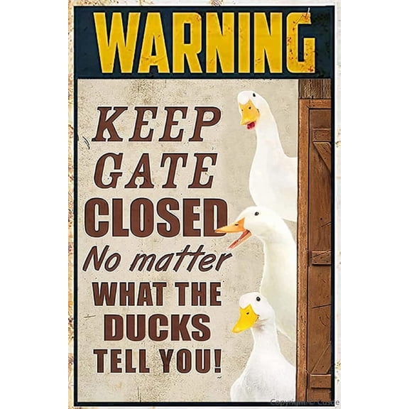 Ducks Warning Keep Gate Closed Metal Tin Sign, Farmhouse Fence and Wall Decor, Funny Duck Farmer Home Decoration, 8 x 12 Inch