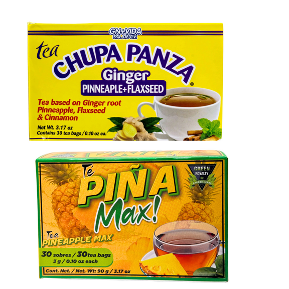 GN Vida Chupa Panza, Tea Based Ginger Root, Pineapple, Flaxseed, & Cinnamon, 30 Bags- with Green Royalty Piña Max Tea Digestive Support 30 Bags, for Digestive Support