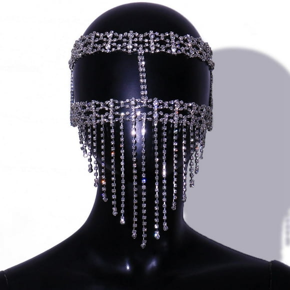 BELOVING Shiny Face Masquerade Rhinestone Chain Tassel Halloween Fancy Dress Women