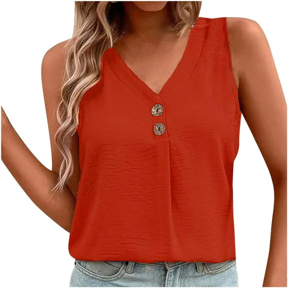 Summer Shirts for Women Trendy V Neck Button Sleeveless Tank Tops Casual Comfy Ladies Going out Blouse Tees Orange