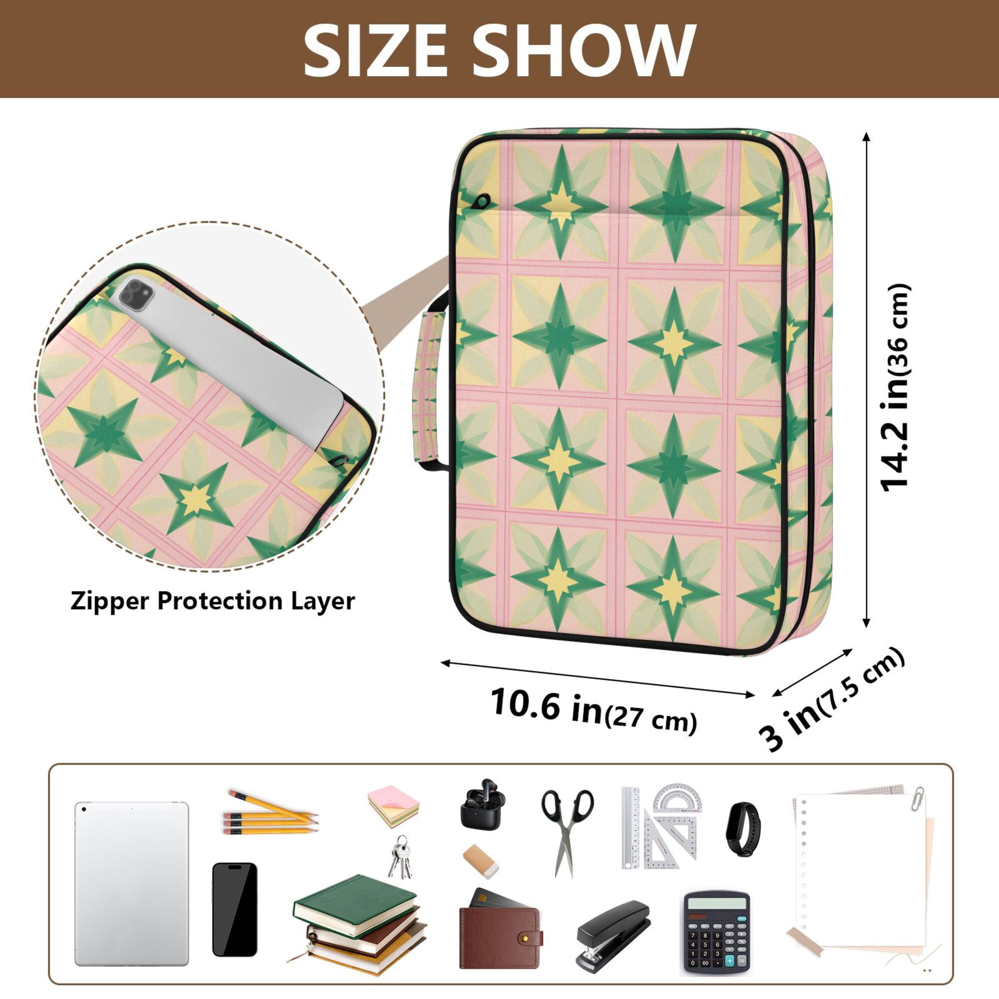 FORMRS Accordion File Folder A4 Size 7-Pocket Expanding Document Organizer Bag with 3 Ring Binder, Green Symmetrical Stars