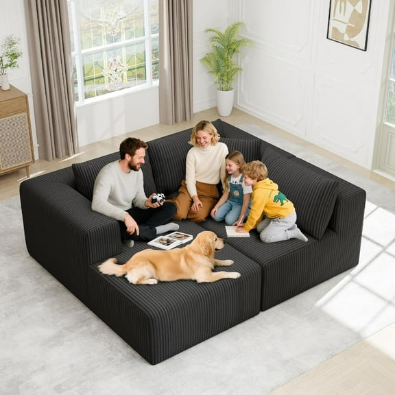109" Modular Cloud Sectional Sofa, 7-in-1 Boneless Couch with Chaise, Zero Assembly Deep Seated Plush Corduroy Sofa for Living Room